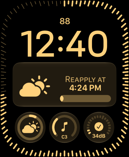 An Apple Watch face with the Sunscreen complication: a sun-and-cloud icon, 'Reapply at 4:24 PM', and a progress bar.