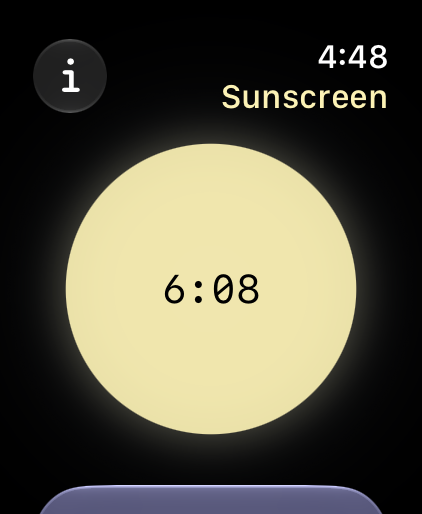 The home screen mid-countdown: a pale yellow sun showing six minutes eight seconds left.